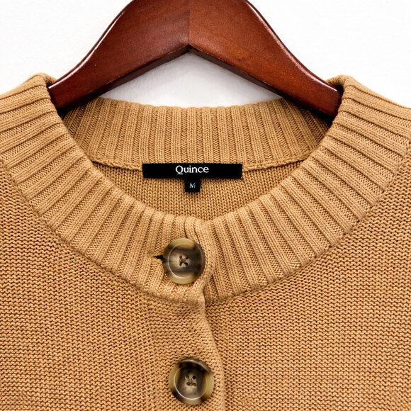 Quince Cropped Button Front Cotton Knit Cardigan Sweater in Camel Brown Size M - Picture 3 of 5
